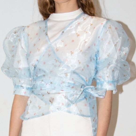 Aeryne Agathe Top Large Feuille Blue Sheer Organza Puff Sleeve Wrap Top - Picture 3 of 12